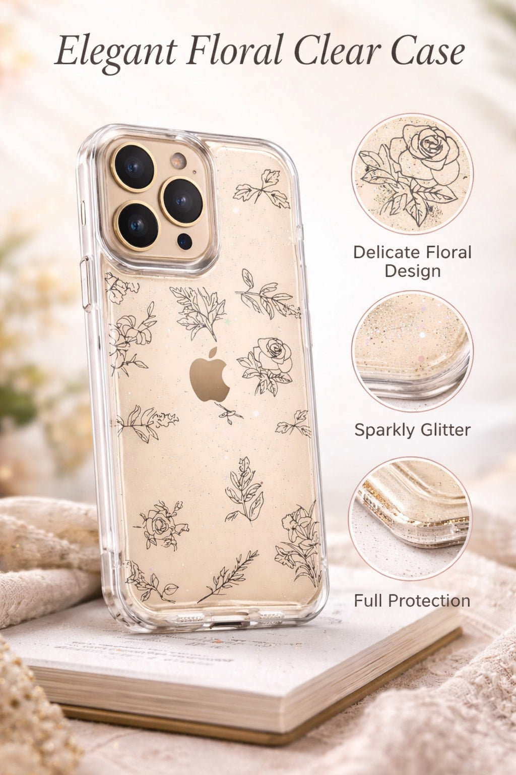 Floral Clear Phone Case with Subtle Sparkle Glitter | Cover for iPhone