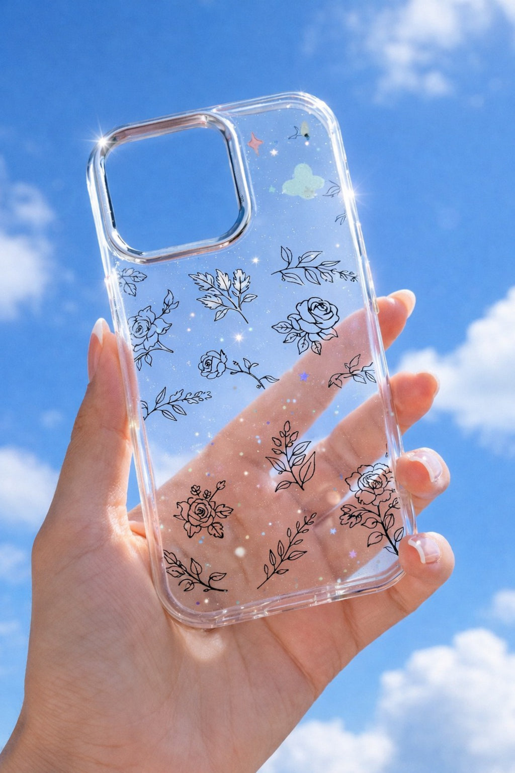 Floral Clear Phone Case with Subtle Sparkle Glitter | Cover for iPhone