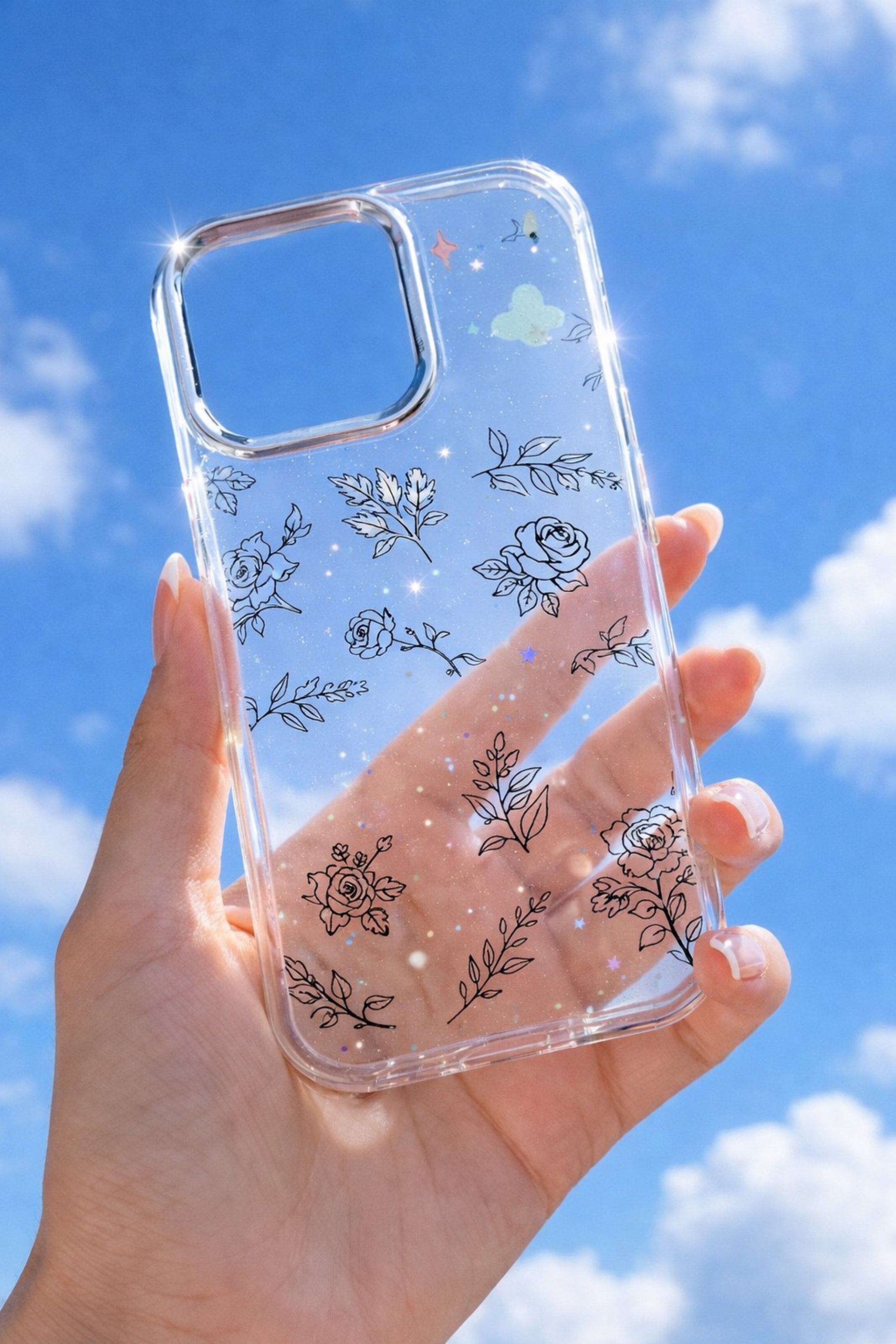 Floral Clear Phone Case with Subtle Sparkle Glitter | Cover for iPhone