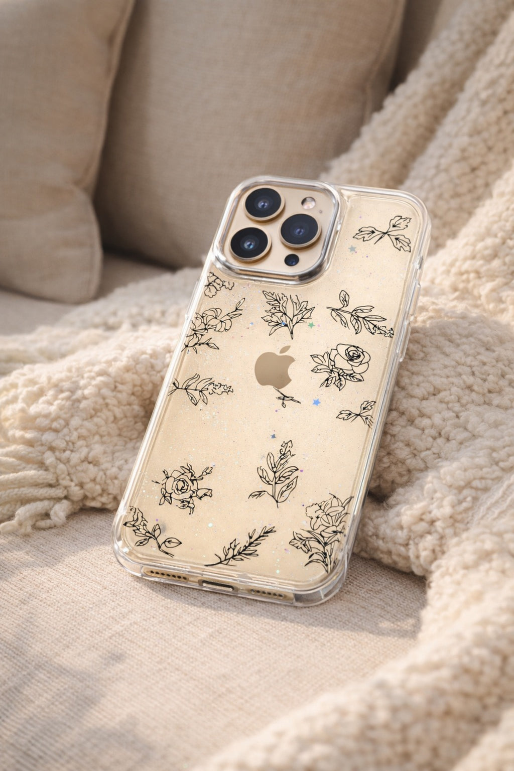 Floral Clear Phone Case with Subtle Sparkle Glitter | Cover for iPhone