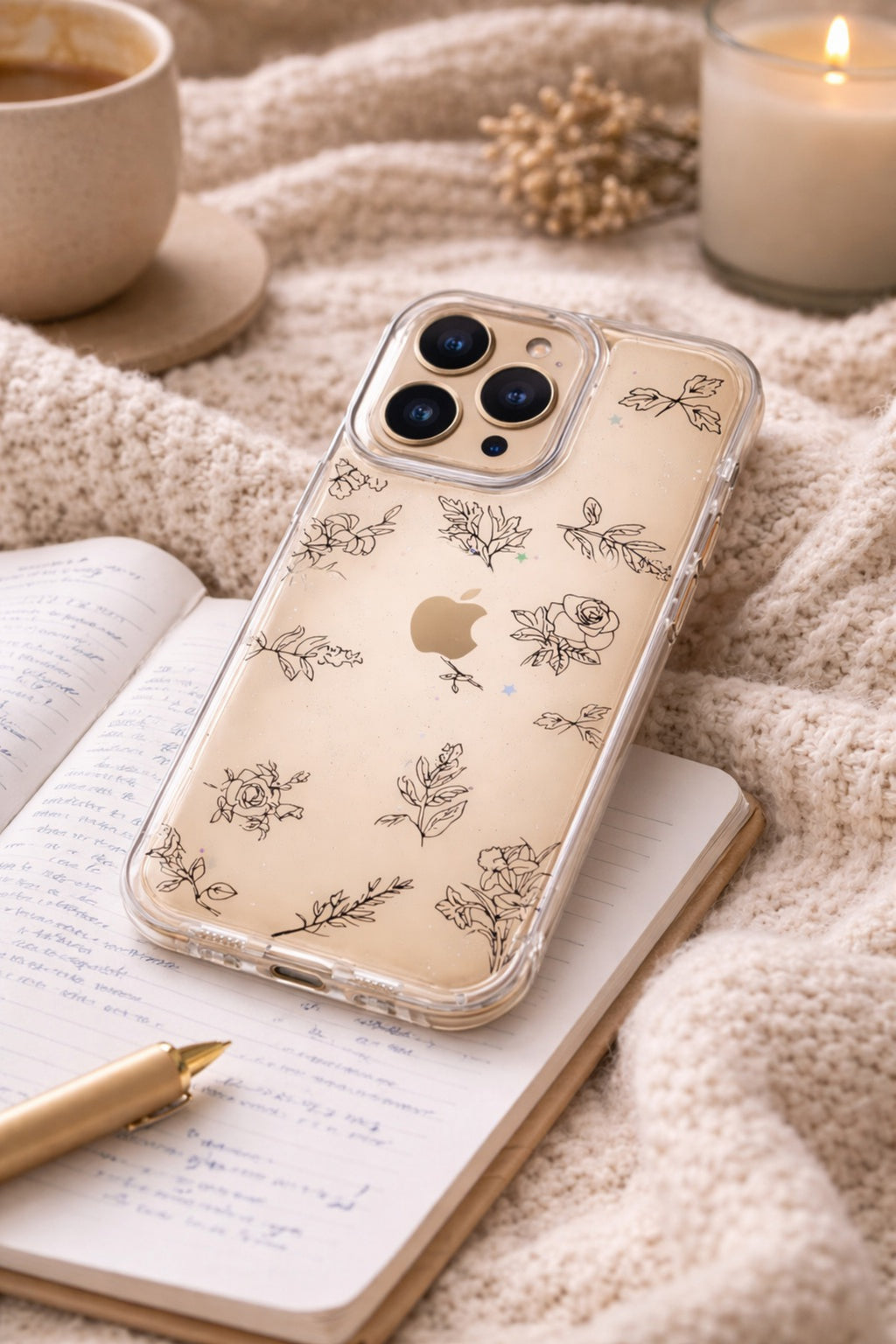 Floral Clear Phone Case with Subtle Sparkle Glitter | Cover for iPhone